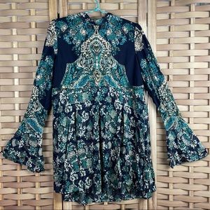 FREE PEOPLE Paisley Mock Neck Flare Sleeve Open Tie Back Mini Dress